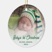 Baby's Eerste Kerstfoto Groene Retro Script Keramisch Ornament (Links)