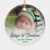 Baby's Eerste Kerstfoto Groene Retro Script Keramisch Ornament (Achterkant)