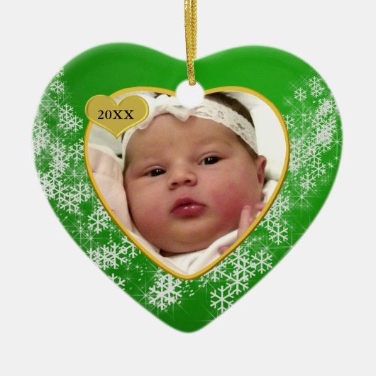 Baby's eerste kerstfoto groene sneeuwvlok keramisch ornament (Voorkant)