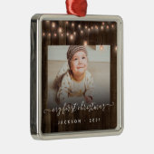 Baby's Eerste Kerstfoto Hout en Lichten Metalen Ornament (Rechts)