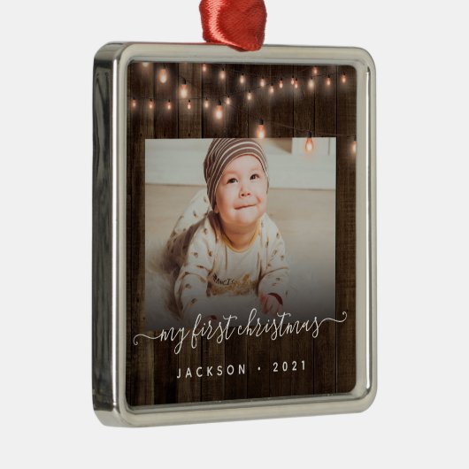 Baby's Eerste Kerstfoto Hout en Lichten Metalen Ornament (Rechts)