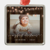 Baby's Eerste Kerstfoto Hout en Lichten Metalen Ornament (Voorkant)