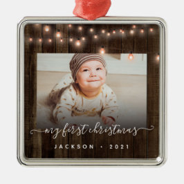 Baby's Eerste Kerstfoto Hout en Lichten Metalen Ornament