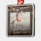 Baby's Eerste Kerstfoto Hout en Lichten Metalen Ornament (Links)