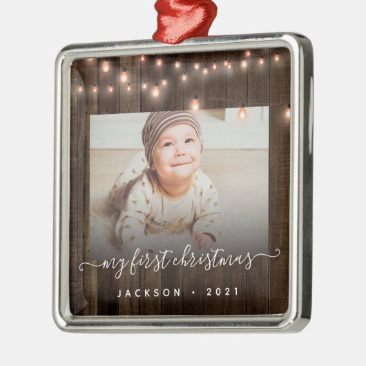 Baby's Eerste Kerstfoto Hout en Lichten Metalen Ornament (Links)