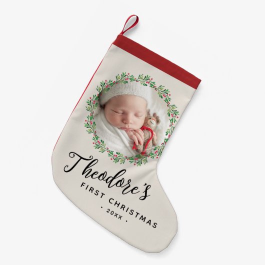 Baby's Eerste Kerstfoto Krans Naam Keepsake Kleine Kerstsok (Voorkant (Hangend))