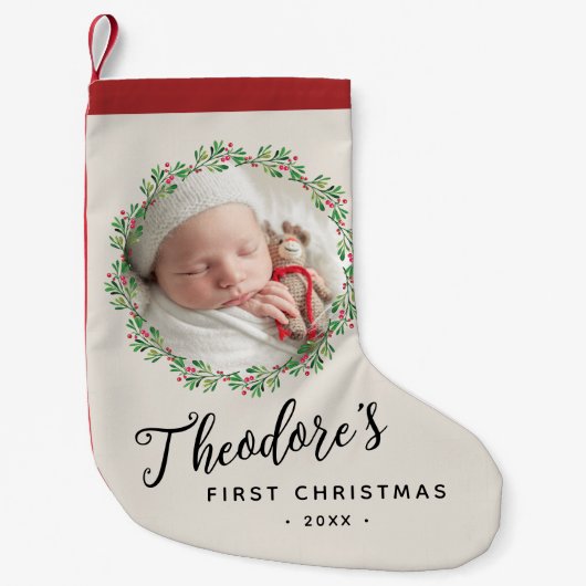 Baby's Eerste Kerstfoto Krans Naam Keepsake Kleine Kerstsok (Voorkant)