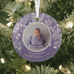Baby's eerste kerstfoto lavender glas ornament