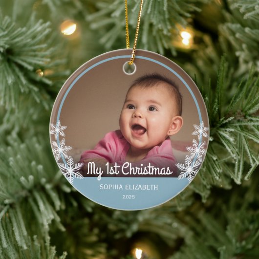Baby's eerste kerstfoto lichtblauw keramisch ornament (Boom)