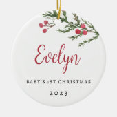 Baby's eerste kerstfoto met bessentak keramisch ornament (Voorkant)