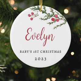 Baby's eerste kerstfoto met bessentak keramisch ornament