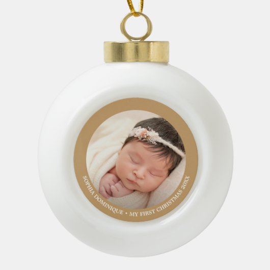 Baby's eerste kerstfoto met elegant keramische bal ornament (Voorkant)
