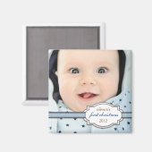 Baby's eerste kerstfoto met faux lint blauw magneet (Voorkant / Achterkant)