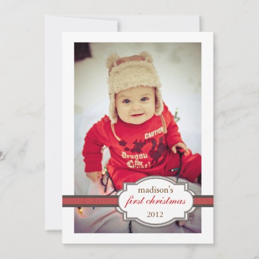 Baby's eerste kerstfoto met Faux Ribbon Red Feestdagenkaart (Voorkant)