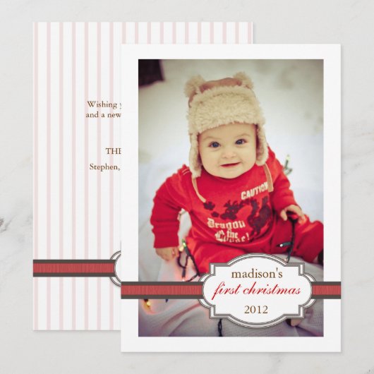 Baby's eerste kerstfoto met Faux Ribbon Red Feestdagenkaart (Voorkant / Achterkant)