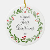 Baby's eerste kerstfoto met grote grijs keramisch ornament (Voorkant)