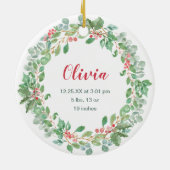 Baby's eerste kerstfoto met rode rode, rode, grote keramisch ornament (Achterkant)