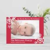 Baby's eerste kerstfoto met sneeuwvlokken feestdagenkaart (Staand voorkant)