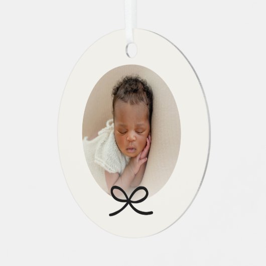 Baby's eerste kerstfoto met zwarte strik metalen ornament (Voorkant links)