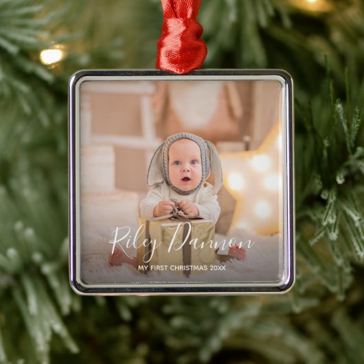 Baby's eerste kerstfoto metalen ornament (Boom)