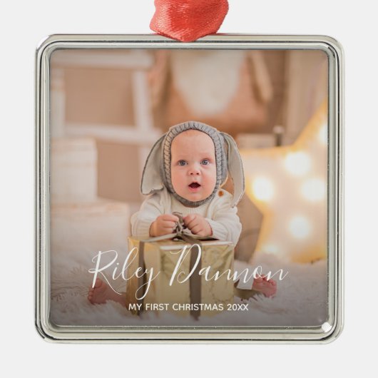 Baby's eerste kerstfoto metalen ornament (Voorkant)
