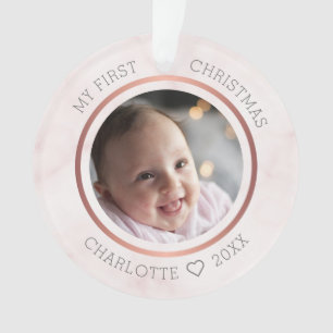 Baby's eerste kerstfoto Modern roze marmer Ornament