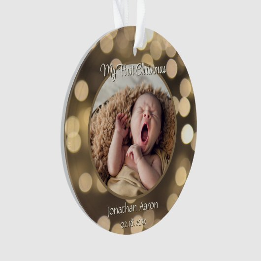 Baby's Eerste Kerstfoto Naam Golden Keepsake Ornament (voorkant)