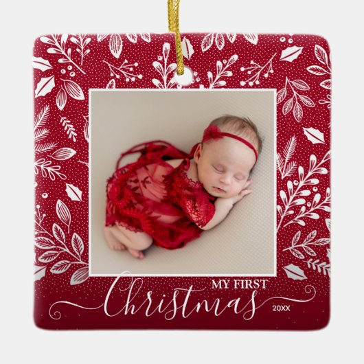 Baby's eerste kerstfoto op Cranberry Keramisch Ornament (Voorkant)