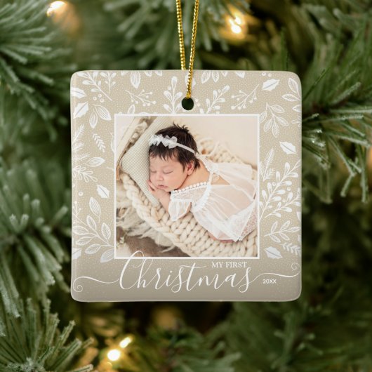 Baby's eerste kerstfoto op Ivoorkust Keramisch Ornament (Boom)