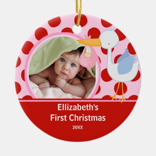 Babys Eerste Kerstfoto Ornament Stork Girl (Voorkant)