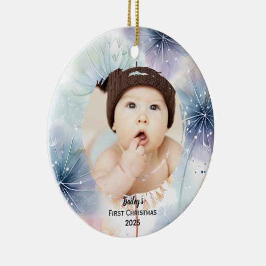 Baby's eerste kerstfoto paardenbloem, keramisch ornament (Rechts)