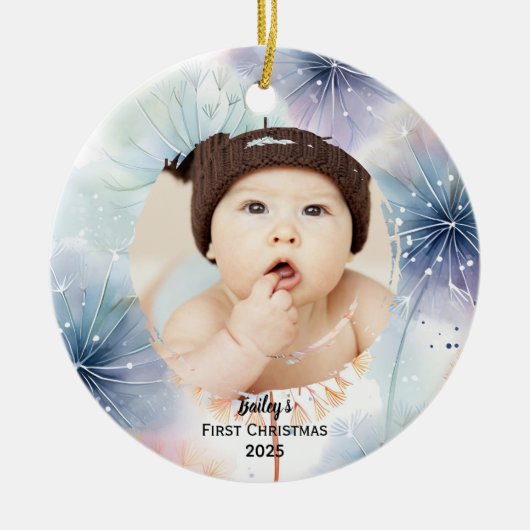 Baby's eerste kerstfoto paardenbloem, keramisch ornament (Voorkant)