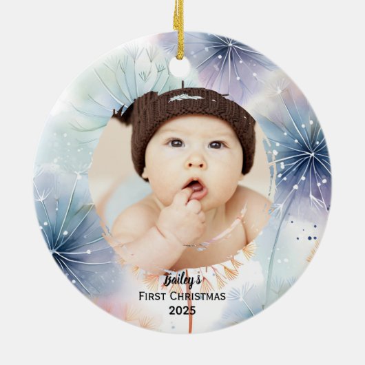 Baby's eerste kerstfoto paardenbloem, keramisch ornament (Achterkant)