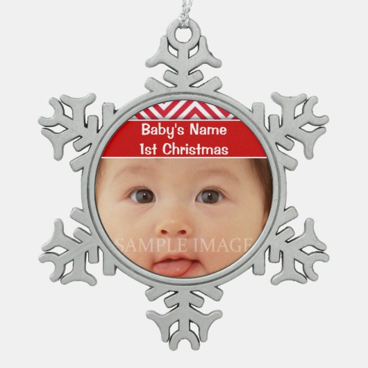 Baby's eerste kerstfoto personaliseren tin sneeuwvlok ornament (Voorkant)
