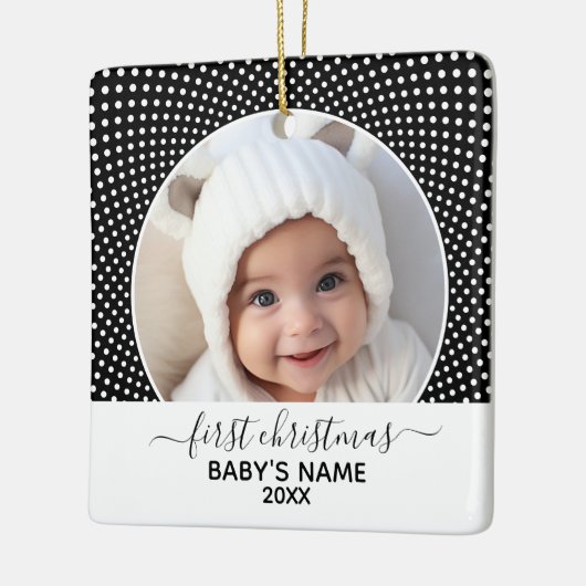Baby's eerste kerstfoto Polka Dot Black White Keramisch Ornament (Links)