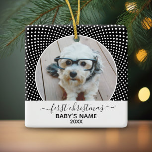 Baby's eerste kerstfoto Polka Dot Black White Keramisch Ornament
