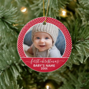 Baby's eerste kerstfoto Polka Dot Calligrafie Keramisch Ornament