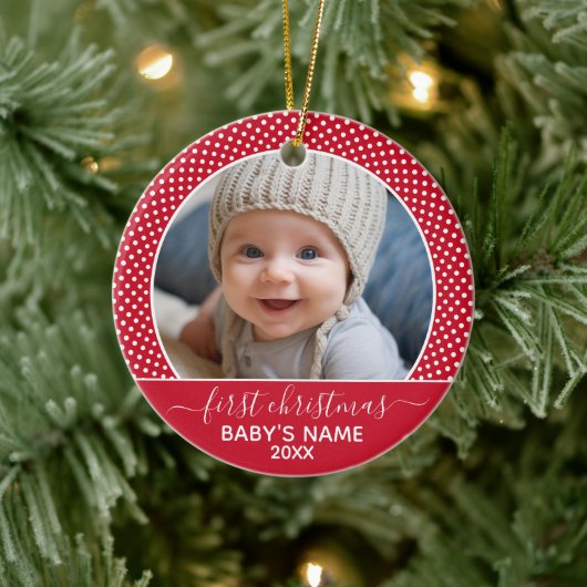 Baby's eerste kerstfoto Polka Dot Calligrafie Keramisch Ornament (Boom)
