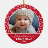 Baby's eerste kerstfoto Polka Dot Calligrafie Keramisch Ornament (Voorkant)