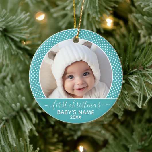 Baby's eerste kerstfoto Polka Dot Calligrafie Keramisch Ornament (Boom)