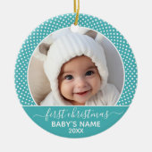 Baby's eerste kerstfoto Polka Dot Calligrafie Keramisch Ornament (Voorkant)