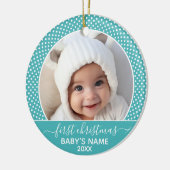 Baby's eerste kerstfoto Polka Dot Calligrafie Keramisch Ornament (Links)