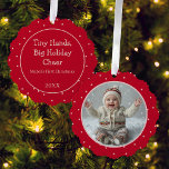 Baby's Eerste Kerstfoto Polka Dot Nieuwe Ouder Ornament Kaart<br><div class="desc">Nieuwe ouders kunnen de eerste kerst van je wonderbaby herdenken met dit lieve foto-ornament met een grillige roze stip op rood met een foto aan de ene kant en jouw tekst aan de achterkant.</div>