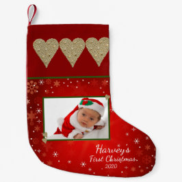 Baby's eerste kerstfoto Red Gold Heart Kleine Kerstsok