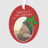 Baby's eerste kerstfoto Red Holly Berry Ornament (voorkant)