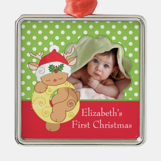 Baby's eerste kerstfoto Reindeer Metalen Ornament (Voorkant)