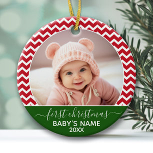 Baby's eerste kerstfoto rode chevrons groen keramisch ornament