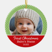 Baby's eerste kerstfoto - Rode groene stip Keramisch Ornament (Voorkant)