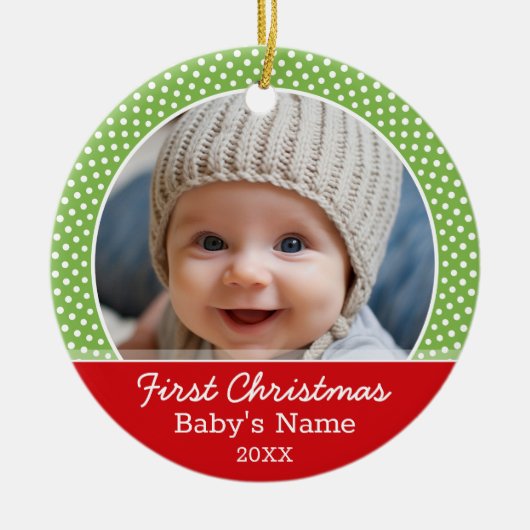 Baby's eerste kerstfoto - Rode groene stip Keramisch Ornament (Voorkant)