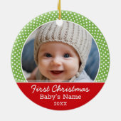 Baby's eerste kerstfoto - Rode groene stip Keramisch Ornament (Achterkant)
